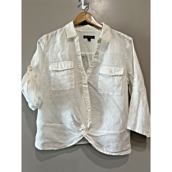 V neck Concepts 100% Linen Shirt L Roll Tab Sleeve White Twisted Hem,Minimalist - Picture 1 of 6